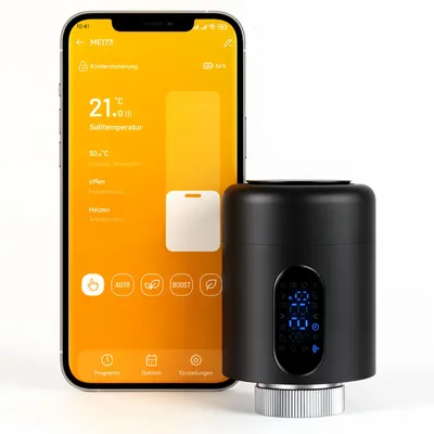 Obrázek produktu pro Eikuavons, termostatické hlavice pro radiátory, 1 kus, chytrý termostat s Wi-Fi, černý, ovládání přes aplikaci bez nutnosti brány, 7 adaptérů na jeden termostat