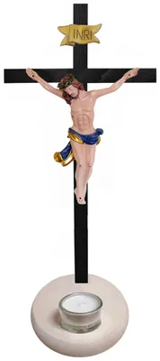 Stehendes Holzkreuz Teelichthalter 35 cm, schwarz, mit Jesusfigur