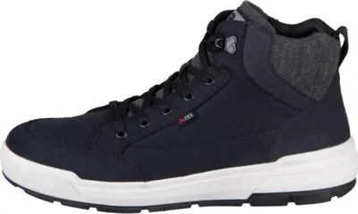 A side view of a blue high-top sneaker.