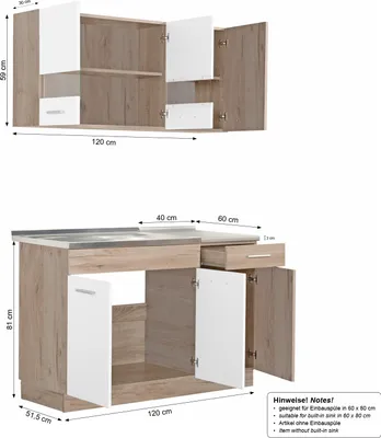 Zdjęcie produktu dla Kuchnia Homestyle4u, seria "Kuchnia do zabudowy", wymiar 120 cm, bez urządzeń. Blat: drewno dąb, wykończenie matowe, kolor jasny. Kuchnia jednoelementowa
