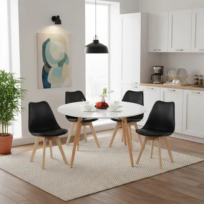 Productafbeelding van Eettafel met 4 stoelen, witte eethoek, 120 cm, beuken hout, zwart