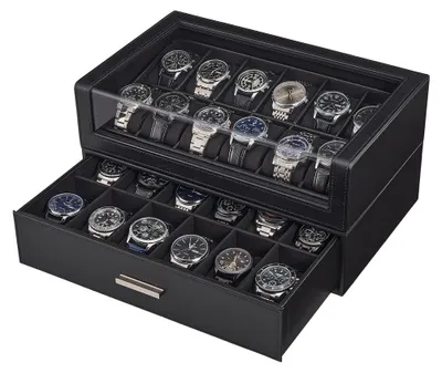 Productafbeelding van Horlogedoos - Horlogehouder - 24 vakken - Leer - 34,6 x 21,4 x 17,4 cm