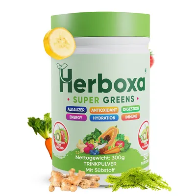 Image de Herboxa SUPER GREENS - Poudre détoxifiante « Les alliés verts » - Contient de la racine de chicorée - Saveur fraise-kiwi - 50 portions