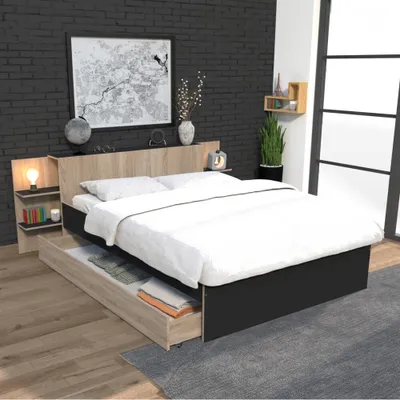 Produktbild von BETT CITY mit Kopfteil und Schublade/ Bett 140x190 - Schwarz & gebleichte Eiche Nachbildung