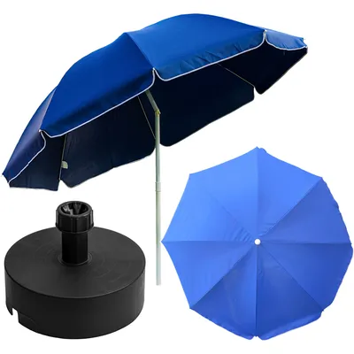A blue umbrella and its base are displayed against a white background.