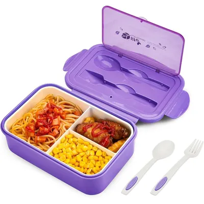 Produktbild von Bento Box mit 3 Fächern und Besteck, auslaufsicher, mikrowellengeeignet, spülmaschinenfest, violett