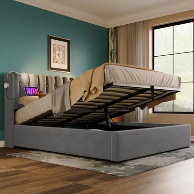 Image de OKWISH Lit coffre 90 x 200 cm – Velours gris – Sans matelas – Gris