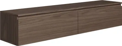 A long, low, dark brown wooden TV stand with two drawers is shown against a white background.