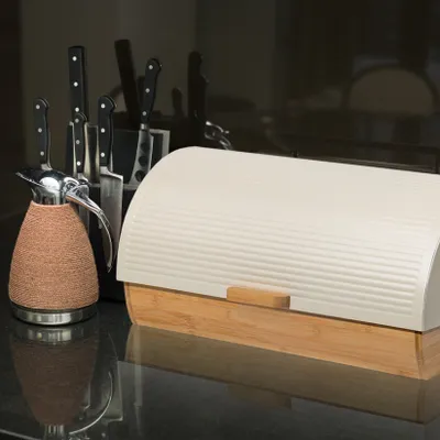 Produktbild von Theo Cleo Brotkasten Metall Holz, Brotbox Schwarz, Brot Aufbewahrungsbox groß, Brotkorb mit Deckel, Bread Box Küche, Brotbeutel,Schwarz,39cm