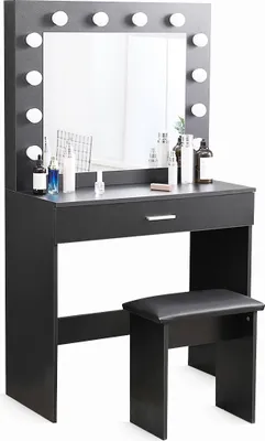 Immagine prodotto di Tavolino da toilette nero con specchio con luci LED e sgabello Gaia Black