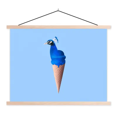 Produktbild von MuchoWow® Textilposter Pfau - Eistüte - Eiscreme - Blau - Vogel 120x90 cm mit holzfarbenen Rahmen - Magnetisch