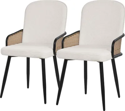 Produktbild von ML-Design Esszimmerstühle 2er Set Beige Stoffbezug Küchenstuhl mit Rattan Optik-Armlehnen Gepolsterte Stühle mit Metallbeinen Sessel ergonomisch