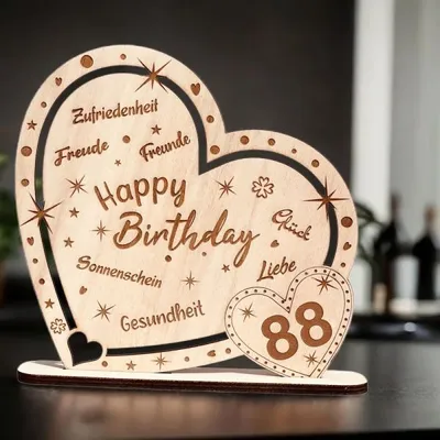 Produktbild von Kunstvoll graviertes Holz-Herz zum 88. Geburtstag mit Lieben Worten, zum Aufstellen als Geschenk & Dekoration zum Geburtstag, mit Standfuß 18x18x4cm