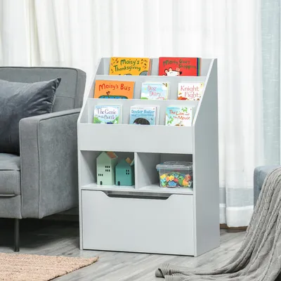 Image de Étagère pour enfants avec tiroir, bibliothèque pour chambre d'enfant, 3 compartiments, mélaminé, gris | 60x29,9x90 cm | MDF | Système de sécurité anti-basculement