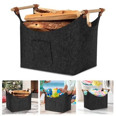 Produktbild von Vigevee Kaminholzkorb Filzkorb 45×40×32 cm, 3 mm, faltbar, mit Holzgriffen und Seitentaschen, Dunkelgrau