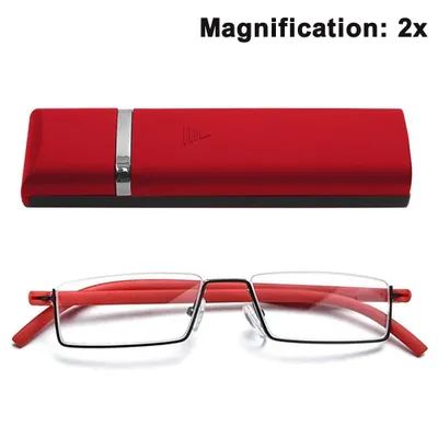 Produktbild von Klare Brille Halbrahmen-Lesebrille für Männer und Frauen Leichte Computerlesegeräte mit tragbarer Spiegelbox, elegantes Rot, +2,00