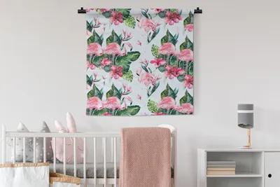 Produktbild von MuchoWow® Wandteppich Wandbehang Flamingo - Blumen - Blätter - Muster 90x90 cm Tapisserie Dekoration Wandtuch - Wandaufhänger