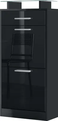 Produktbild von Vladon Schuhschrank Loret V2, Schuhkipper für 8 Paar Schuhe mit 2 Klappen, 1 Schublade und Glasablage, Schwarz matt/Schwarz Hochglanz (46 x 104 x 23 cm)