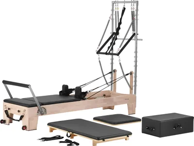 Obrázok produktu pre VEVOR Pilates reformer stroj z gumového dreva pre fitness štúdio, posilňovací stroj s dvojitým odporom, reformer box, trampolína, pre pokročilých a začiatočníkov, do 181,44 kg