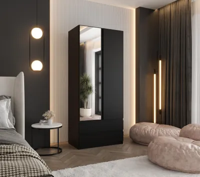 Produktbild von Drehtürenschrank 190x70x48 cm Schwarz mit Spiegel und 2 Schubladen – Moderner Kleiderschrank ideal für Schlafzimmer und Flur