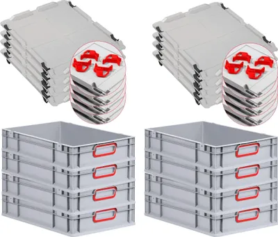 Produktbild von SuperSparSet 8x Eurobox NextGen Color mit Auflagedeckel und Schiebeschnappverschlüsse | HxBxT 12x40x60cm | 23 Liter | Grau | Griffe rot geschlossen | Glatter Boden | Eurobehälter, Transportbox, Transportbehälter, Stapelbehälter