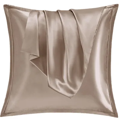 Produktbild von Set aus 2 Satin-Kissenbezügen 65x65 cm mit Reißverschluss, seidenweich, geeignet für lockiges Haar, Satin-Kissenbezüge, rosa und braune Kissenbezüge.