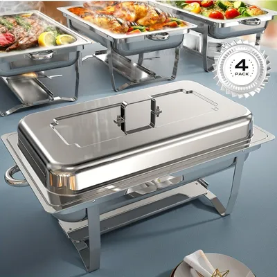 Productafbeelding van Chafing Dish - Buffetwarmer - Warmhoudplaat - Warmhoudschaal - Warmhoudbak - Set Van 4 - Roestvrij Staal