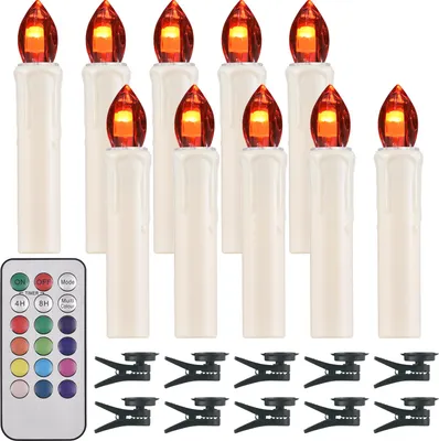 Obrázek produktu pro sada 10 LED svíček - bezplamenné čajové svíčky na baterie s dálkovým ovládáním a klipy, stmívatelné, blikající pro pokoj, párty a vánoční stromek
