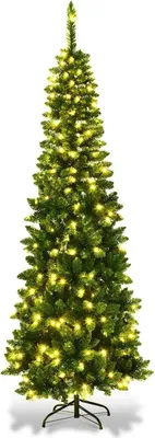 Zdjęcie produktu dla Sztuczna choinka bożonarodzeniowa – smukły kształt ołówka – 200 cm – ciepłe białe światła LED – składana konstrukcja – metalowy stojak