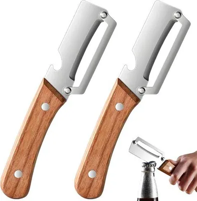 Immagine prodotto di Set di due affettatrici multifunzionali da cucina, affettatrici 2 in 1 in acciaio inossidabile con manico in legno e apribottiglie, per frutta, mele, patate, zucchine e papaya