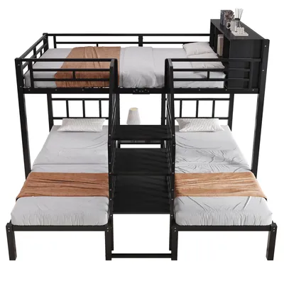 Produktbild von Etagenbett mit 3 Schlafgelegenheiten, 90x200cm/140x200cm, Metallbett mit Rausfallschutz, Treppe und Stauraum