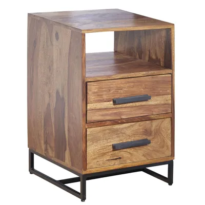 Produktbild von Nachttisch Sheesham Massivholz / Metall 40x35x66 cm Nachtschrank Boxspringbett, Design Nachtkonsole mit 2 Schubladen, Nachtkommode Industrial mit Stauraum