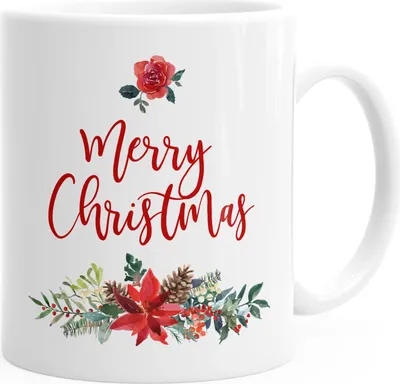 Produktbild von Tasse Weihnachten traditionell Merry Christmas Blumen Weihnachtsstern Christstern Teetasse Kaffeetasse Autiga® weiß unisize
