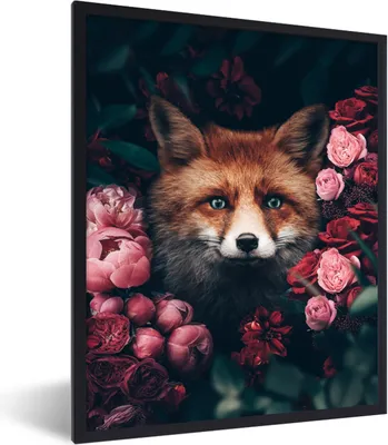 Produktbild von MuchoWow® Gerahmtes Poster Fuchs - Blumen - Tiere 60x80 cm - Poster mit Schwarzem Bilderrahmen Wandposter Rahmen Foto Bilder - Premium - Wanddeko Wohnzimmer