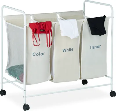 Produktbild von Relaxdays Wäschesortierer, 3 Fächer, weiß, Polyester PVC-beschichtet, Eisenrahmen, 76x80x46 cm (HBT), mit feststellbaren Rollen, atmungsaktive Netzfächer, beschriftbar