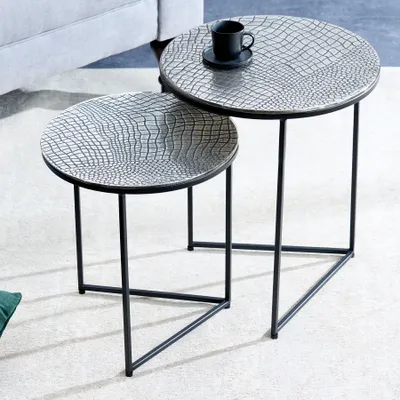Produktbild von riess-ambiente Rundes 2er Set Beistelltisch ELEMENTS 40cm silber antik Krokodil-Design Couchtisch Tisch