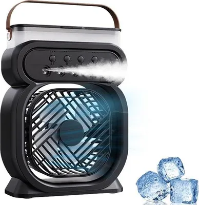 Immagine prodotto di Mini climatizzatore portatile, silenzioso, con funzione di raffreddamento e umidificazione, 3 velocità della ventola, lampada da comodino e timer, ideale per ufficio e casa [Classe energetica A]