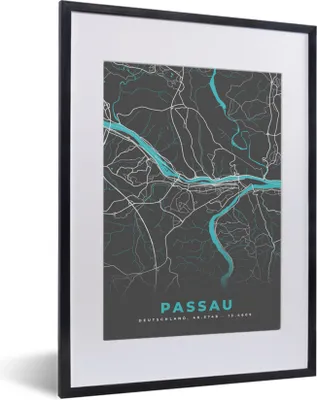 Produktbild von MuchoWow® Gerahmtes Poster Stadtplan - Passau - Deutschland - Karte 30x40 cm - Poster mit Schwarzem Bilderrahmen Wandposter Rahmen Foto Bilder - Wandposter Schlafzimmer