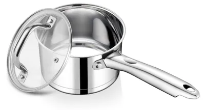 Obrázok produktu pre Nerezová panvica, 14 cm, hrniec na mlieko z nerezovej ocele, vhodný na indukciu, s skleneným pokrievkou, objem 0,9 l