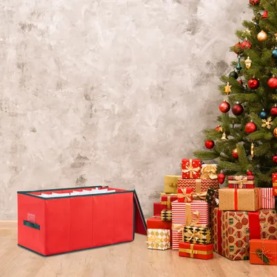 Produktbild von Relaxdays Weihnachtskugel Aufbewahrungsbox, für 128 Kugeln, HxBxT: 30 x 30 x 60 cm, Vlies, Pappe, Kugelkiste, rot/grün