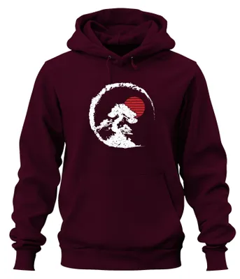 Productafbeelding van Bonsai-boom, Zen, Japan, Enso-cirkel, rode zon, vintage, retro, grunge, uni, hoodie, sweater, bordeauxrood, maat M