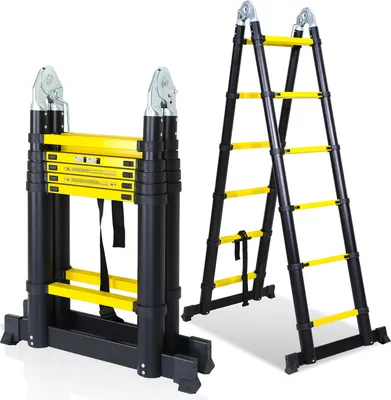 Obrázok produktu pre Fiqops teleskopický rebrík výsuvný rebrík skladací rebrík stabilný hliníkový rebrík do 150 kg 1,9 m + 1,9 m čierny + žltý bez háčikov