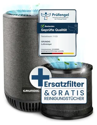 Produktbild von Grundig Luftreiniger Allergiker Air Purifier - Extra leise Hepa Filter mit Premium AKTIVKOHLEFILTER filtert 99,9% Staub/Pollen/Viren Automatikmodus, Luftqualitätsanzeige - 49m2 (Gerät + Ersatzfilter)