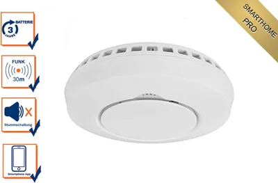 A white smoke detector is shown on a white background, with informational icons on the left.