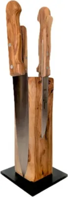A knife block with two knives inserted, shown against a white background.