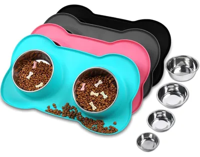 Immagine prodotto di Ciotola per cani Splashfree, doppia ciotola in acciaio inossidabile con tappetino in silicone, taglia XL, colore turchese, capacità 1310 ml