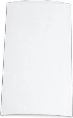 A white, rectangular object with a curved top and bottom edge, likely a piece of glass or plastic, is presented against a white background.