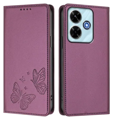 Produktbild von Lederhülle für Xiaomi Redmi 13 4G, Schmetterling Prägung Leder Brieftasche Schutzhülle mit Ständer Lila