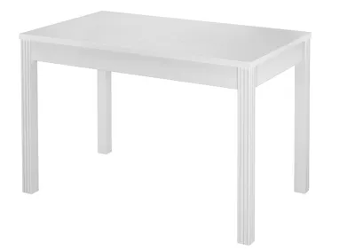 A white dining table with four legs, shown from a slight angle against a white background.