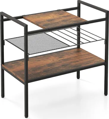 Produktbild von Beistelltisch 3 Ablagen mit verschiebbare Deckplatte & abnehmbare Gitterablage, Industrieller Konsolentisch bis 40kg belastbar, 60x33,5x61 cm (Braun)